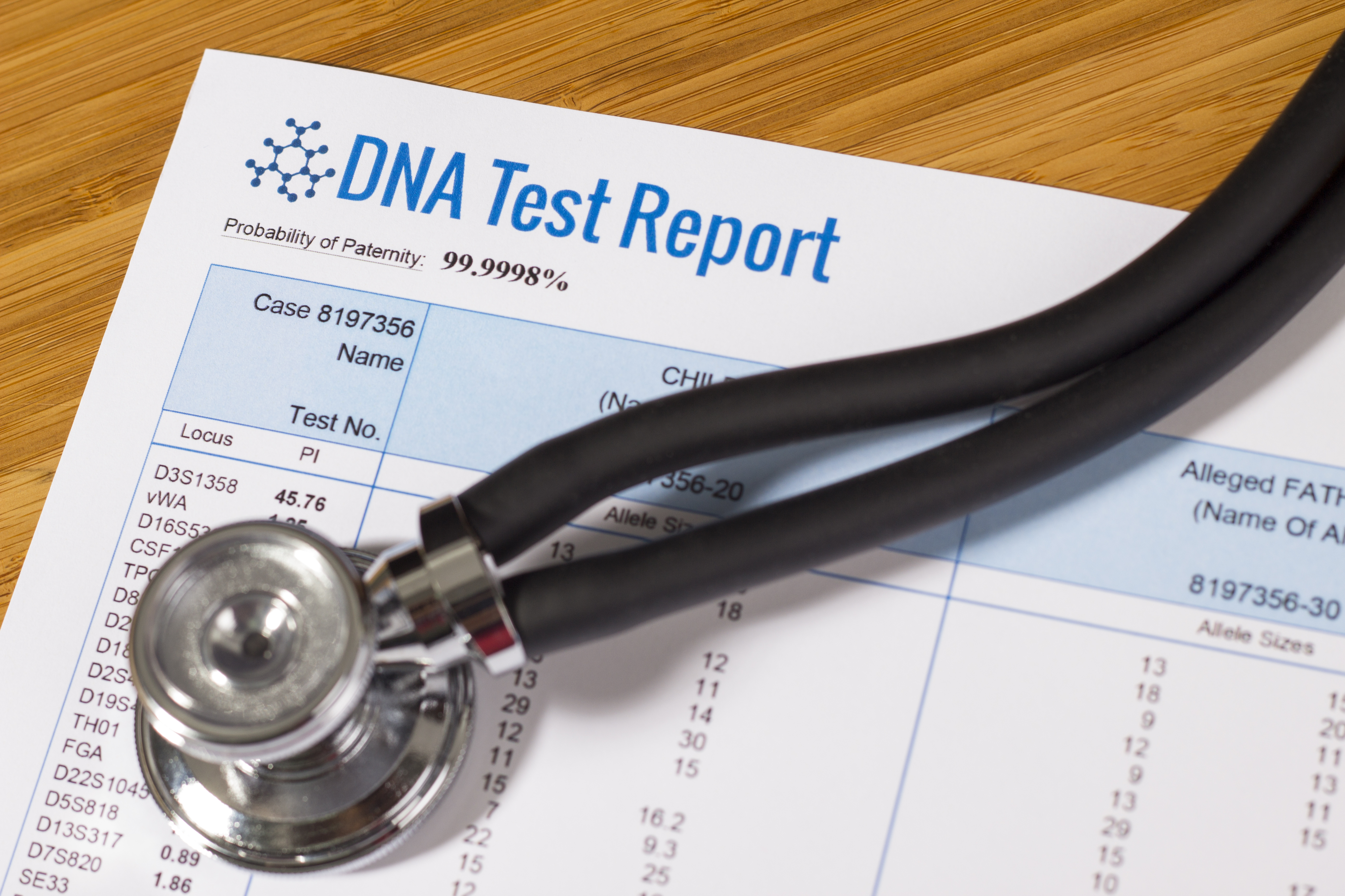 Un stéthoscope placé au-dessus d'un rapport de test ADN | Source : Shutterstock