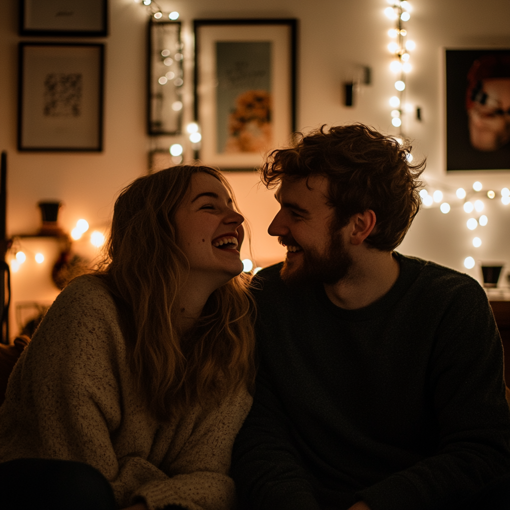 Un couple qui rit dans son salon | Source : Midjourney