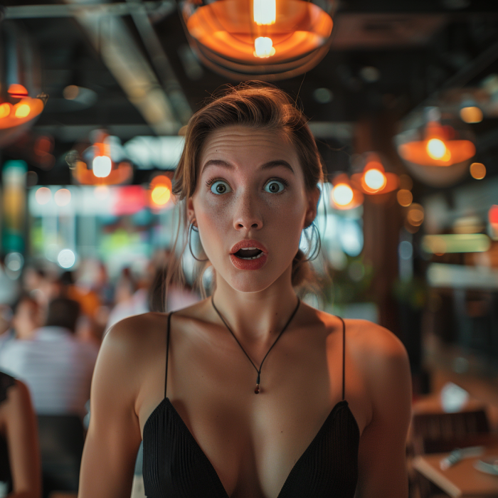 Une femme choquée debout dans un restaurant | Source : Midjourney