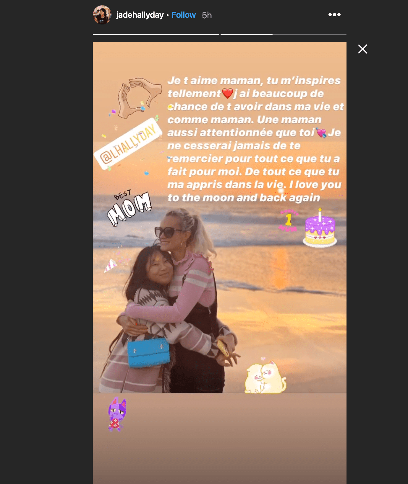 Déclaration d'amour de Jade Hallyday pour sa mère. | Photo : Story Instagram / Jade Hallyday