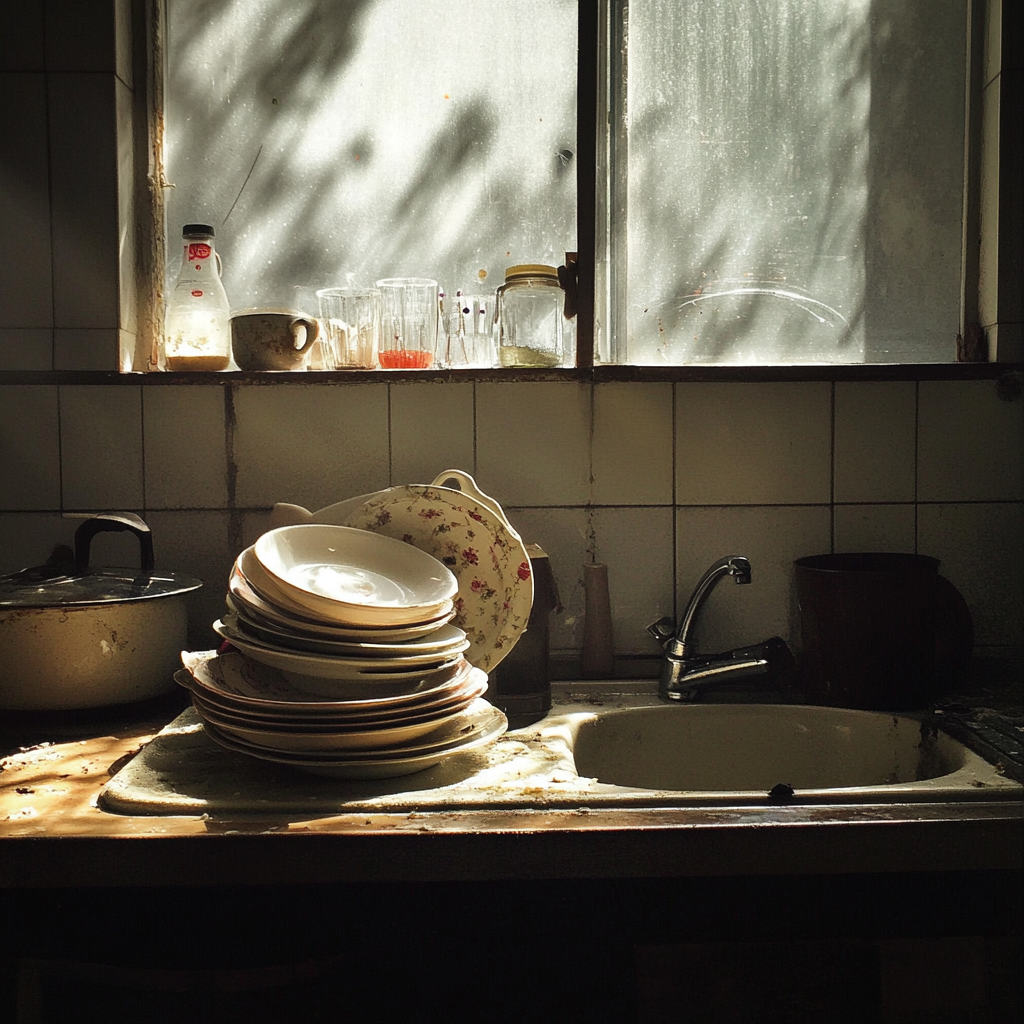 Vaisselle empilée sur un évier de cuisine | Source : Midjourney