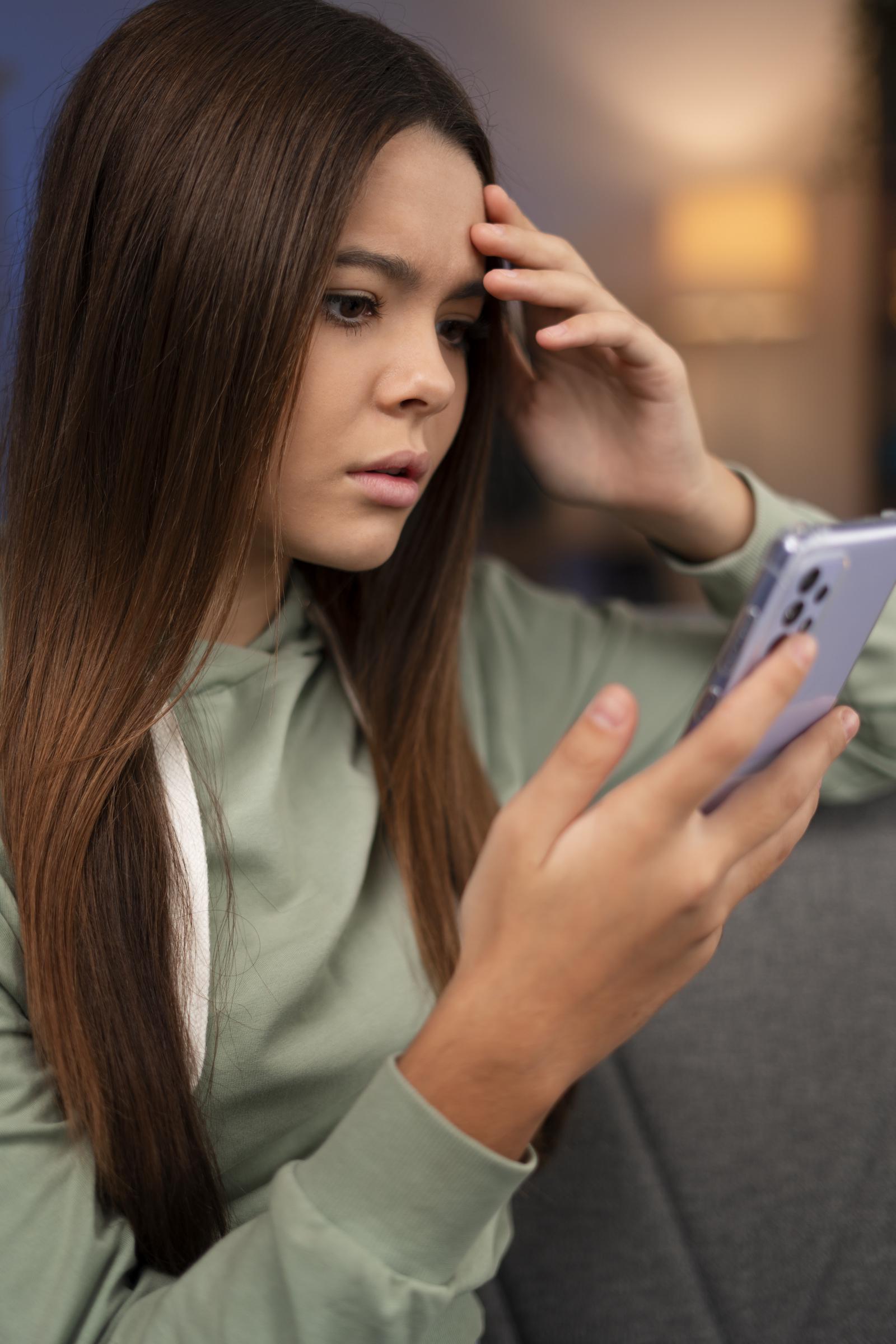 Une jeune femme triste sur son téléphone | Source : Freepik