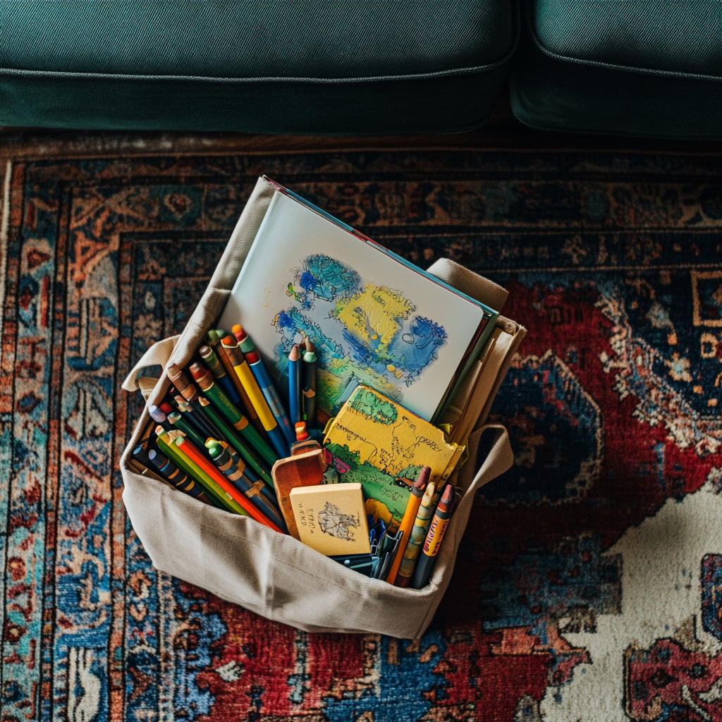 Livres pour enfants et crayons de couleur dans un sac | Source : Midjourney