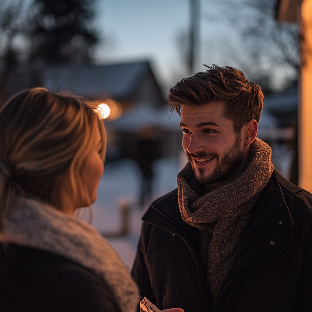 Un homme parle à une femme sur une foire de Noël | Source : Midjourney