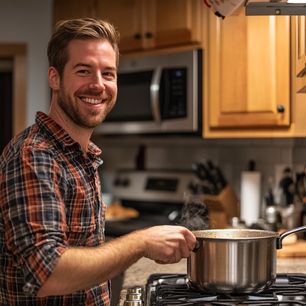 Un homme sourit tout en cuisinant dans la cuisine | Source : Midjourney