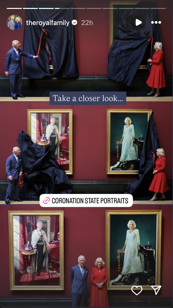 Le roi Charles et la reine Camilla dévoilent leurs portraits de couronnement d'État, comme on peut le voir sur la Story Instagram de The Royal Family | Source : Instagram/theroyalfamily