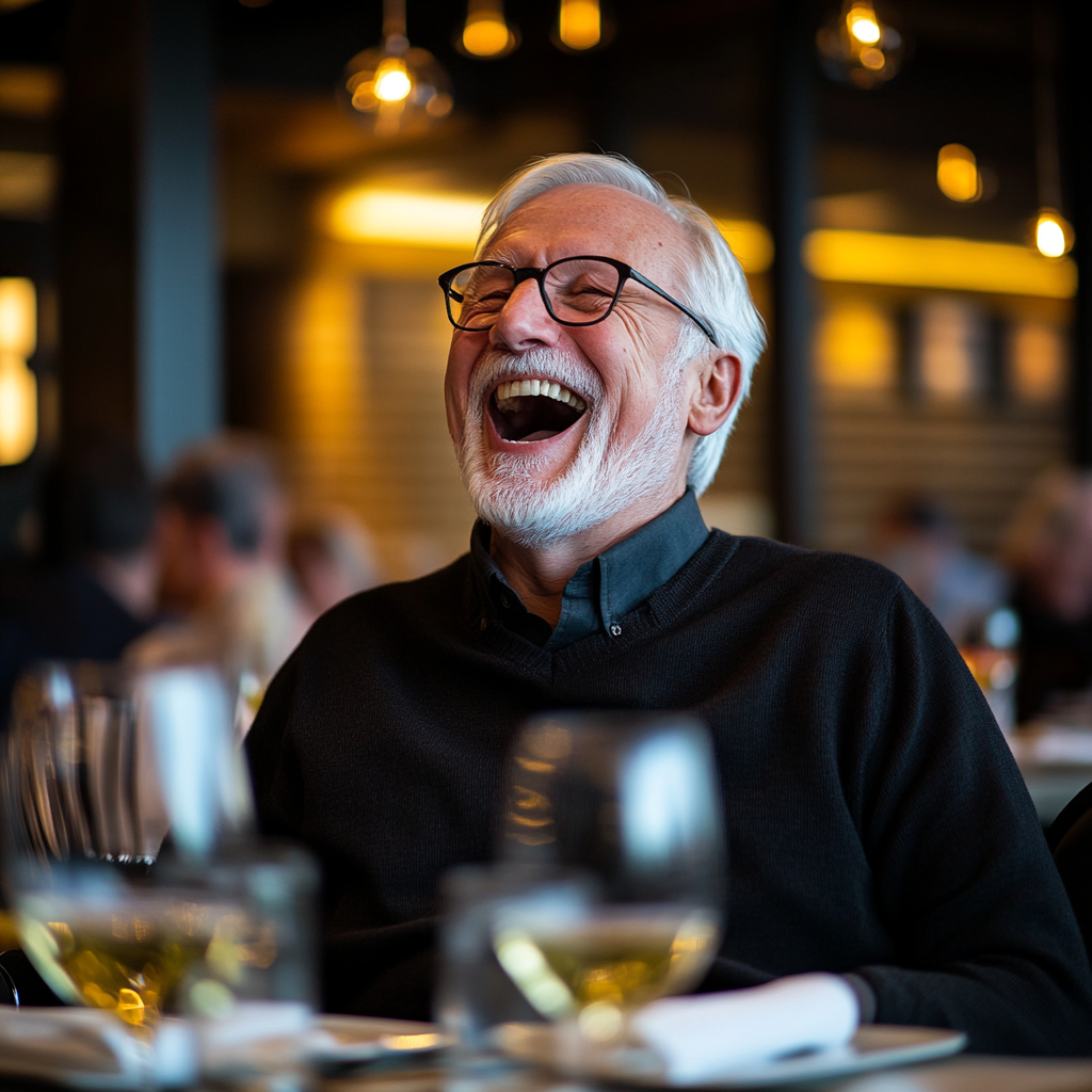 Un homme âgé rugit de rire alors qu'il est assis dans un restaurant haut de gamme | Source : Midjourney