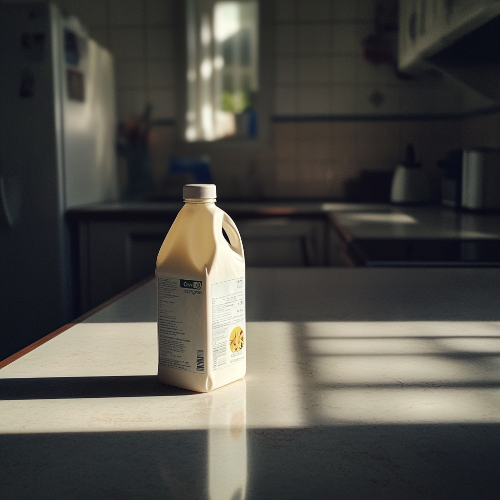 Une bouteille de lait sur un comptoir de cuisine | Source : Midjourney