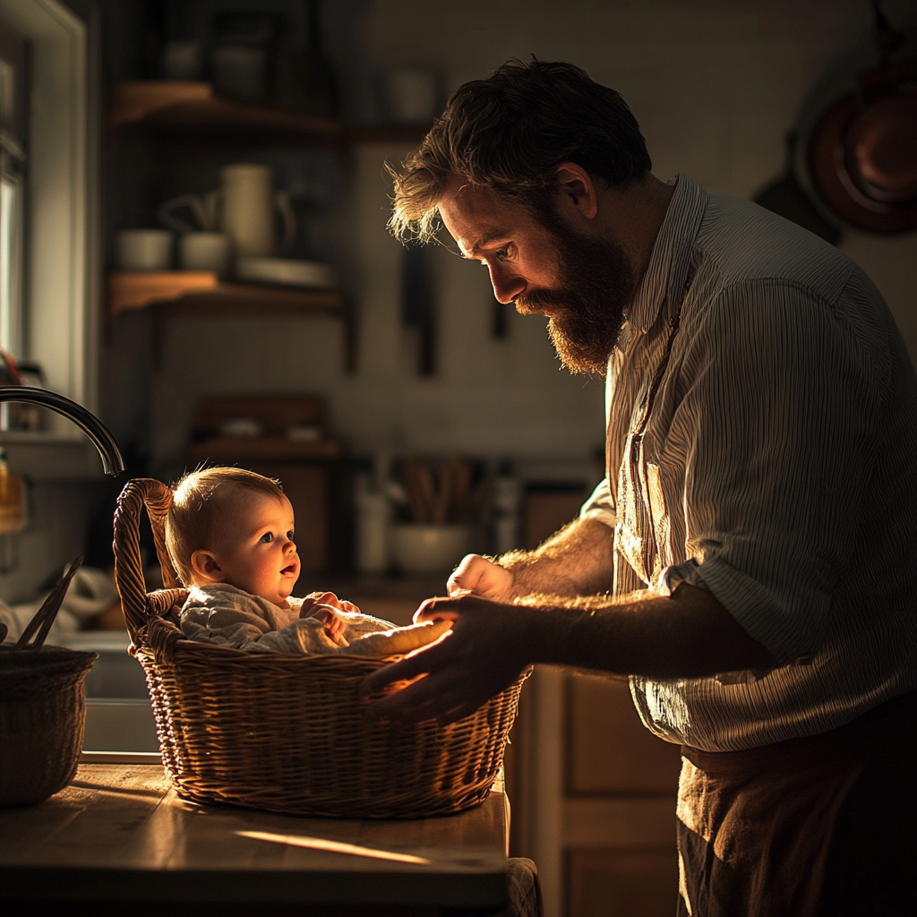 Un homme qui regarde un bébé dans le panier | Source : Midjourney