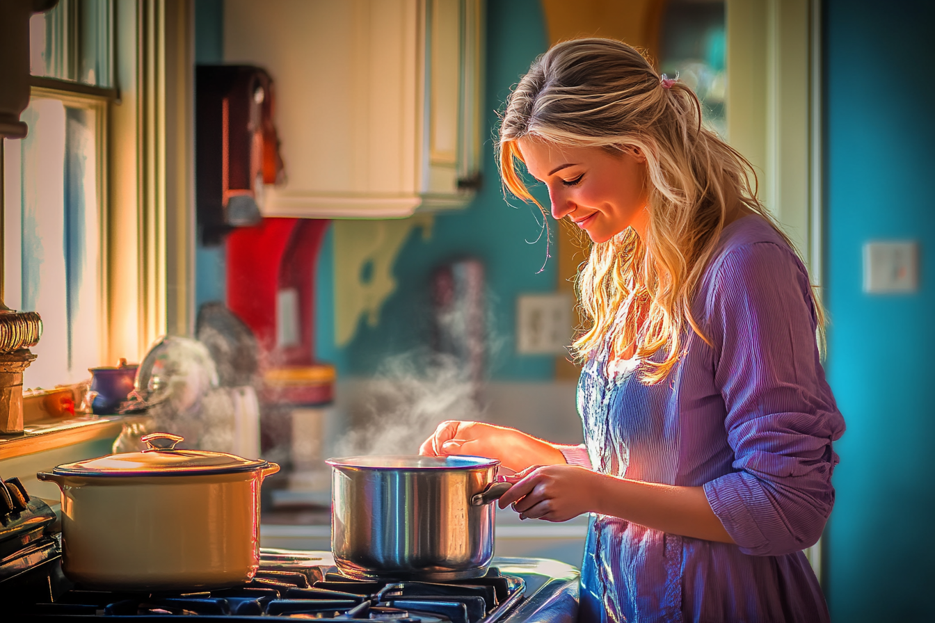 Une femme qui sourit en cuisinant | Source : Midjourney