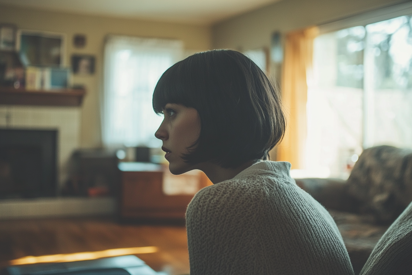 Une femme inquiète qui regarde devant elle | Source : Midjourney