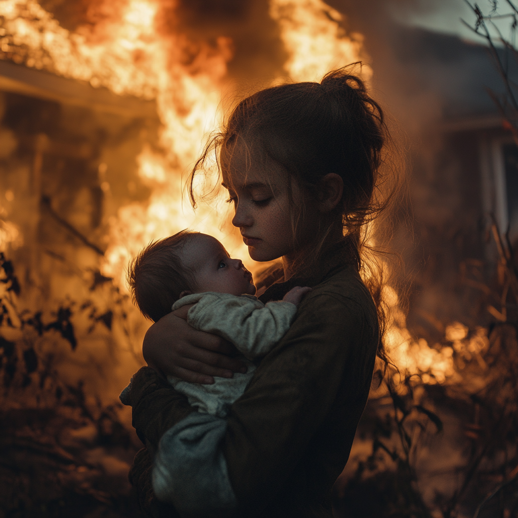 Jeune fille sauvant un bébé d'une maison en feu | Source : Midjourney