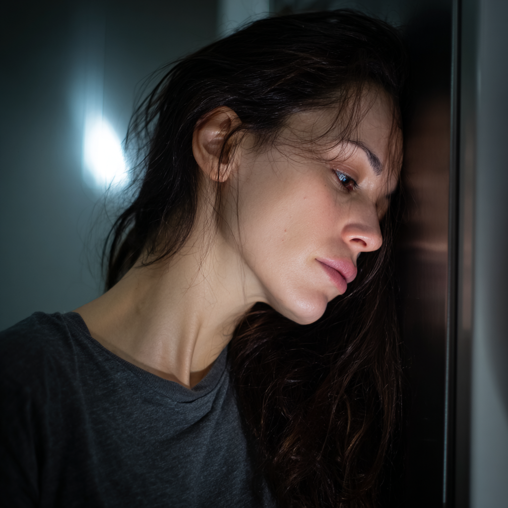 Une femme bouleversée adossée à un réfrigérateur | Source : Midjourney