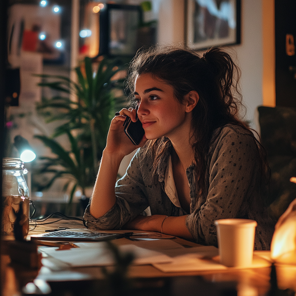 Femme dans son bureau en train de parler au téléphone | Source : Midjourney