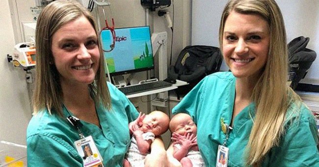 Tara Drinkard et Tori Howard, sœurs jumelles et infirmières, tiennent dans leurs bras les bébés Addison Williams et Emma Williams. | Source : twitter.com/InsideEdition