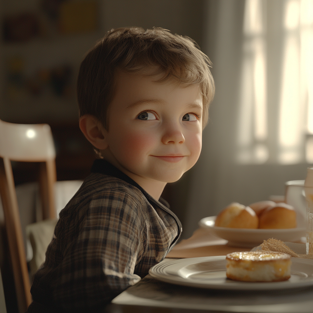 Un petit garçon assis pour le petit déjeuner | Source : Midjourney