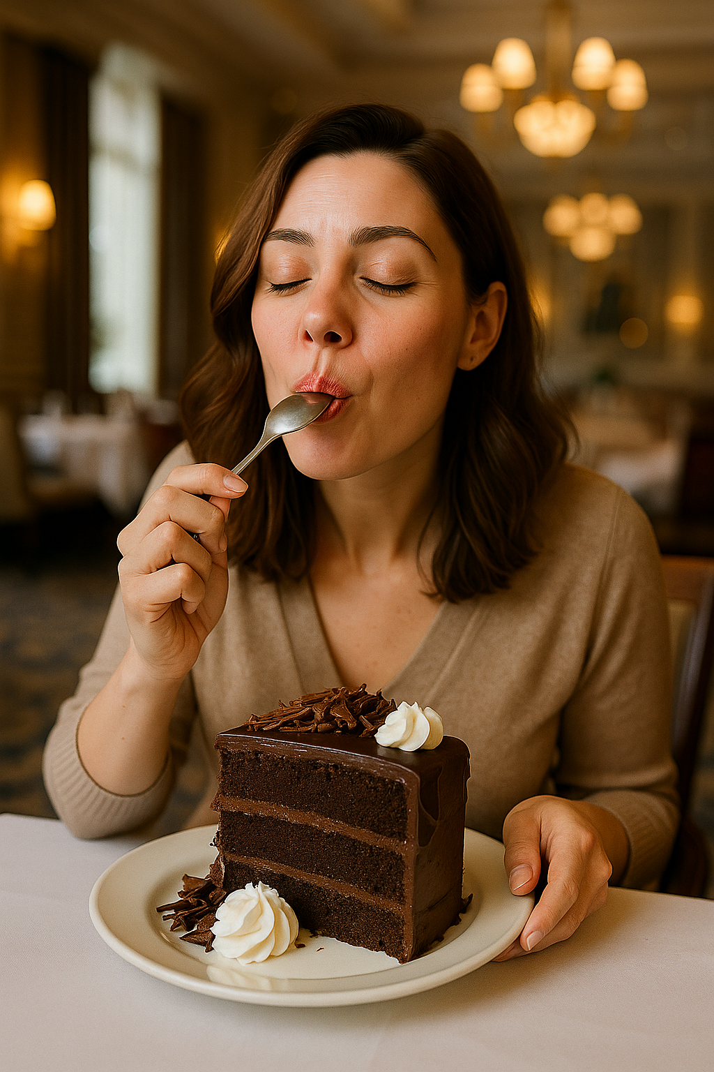 Une femme dégustant une énorme part de gâteau au chocolat | Source : DALL-E