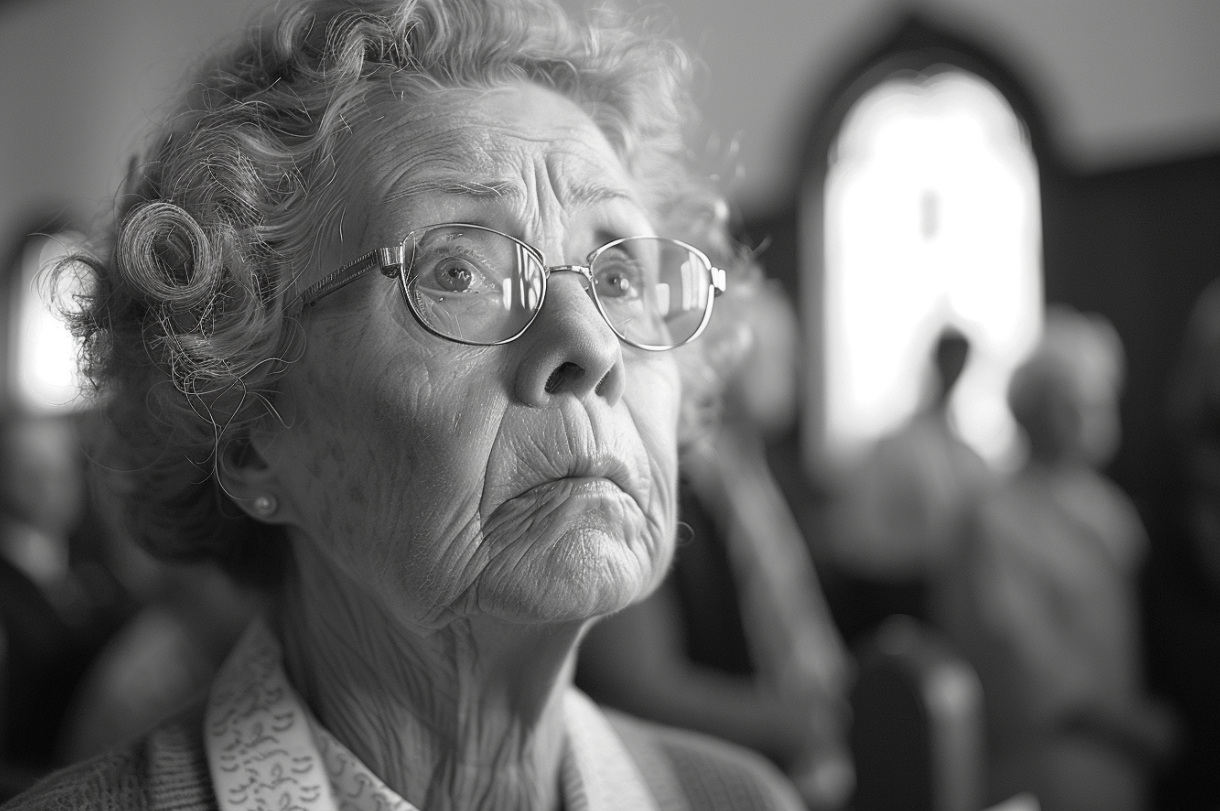 Une femme âgée debout dans une église | Source : Midjourney