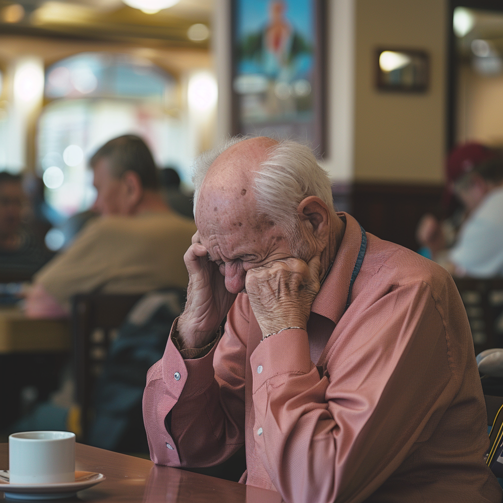 Un homme âgé qui pleure alors qu'il est assis dans le café d'une maison de retraite | Source : Midjourney