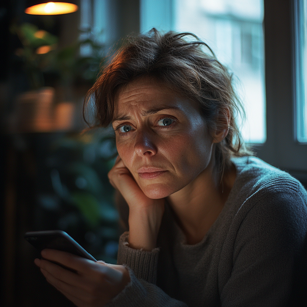 Une femme agitée tenant son téléphone tout en réfléchissant | Source : Midjourney