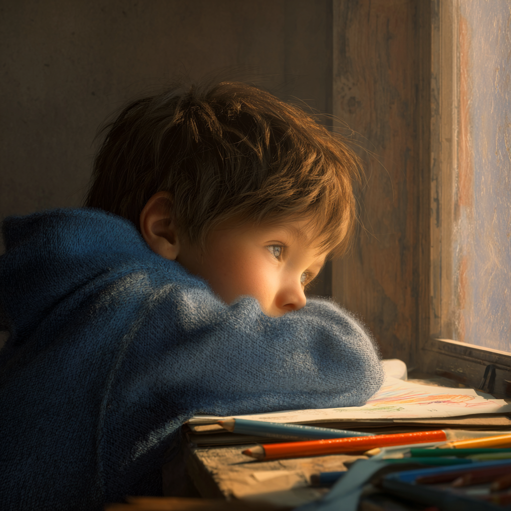 Un petit garçon triste assis près de la fenêtre | Source : Midjourney
