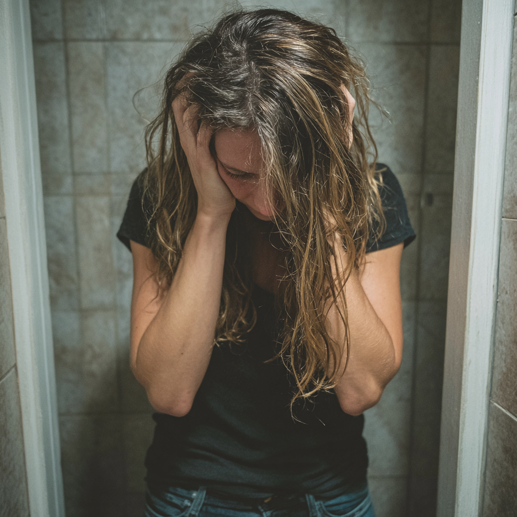 Une femme émotive debout dans une salle de bain | Source : Midjourney