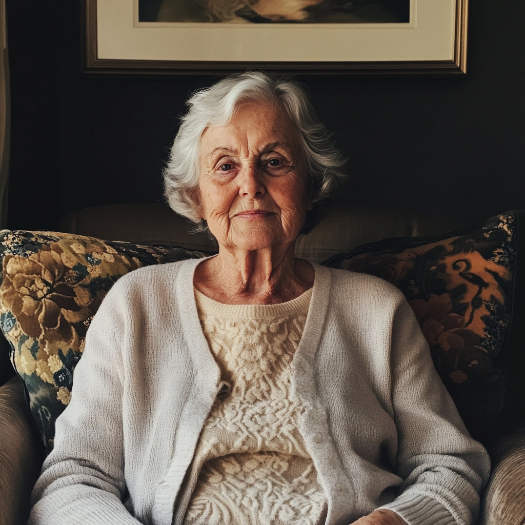 Une femme âgée assise sur un canapé | Source : Midjourney