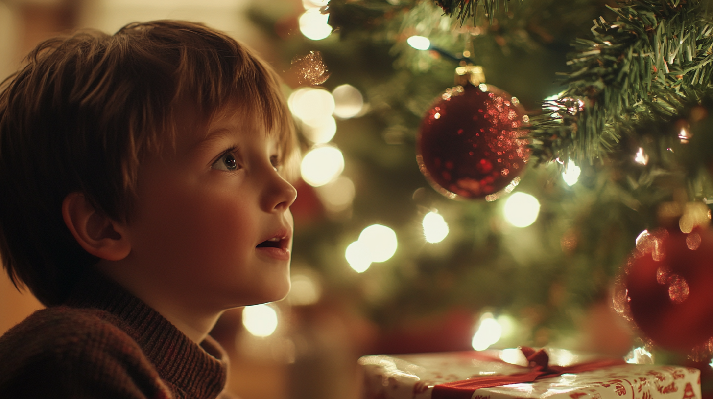 Un garçon qui regarde un sapin de Noël | Source : Midjourney