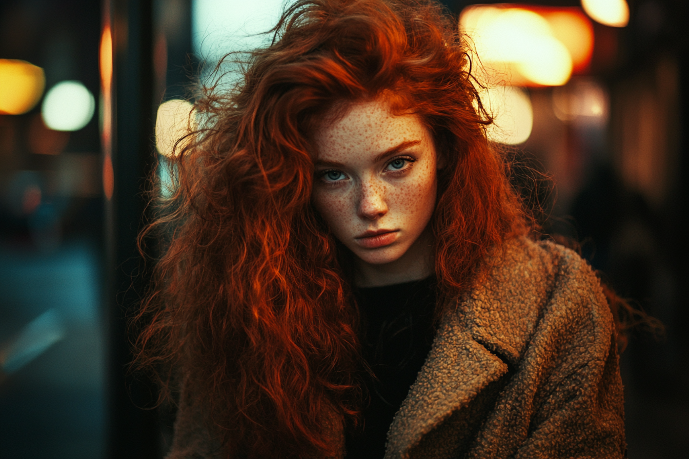 Une femme aux cheveux roux marche seule dans une rue la nuit, l'air triste | Source : Midjourney