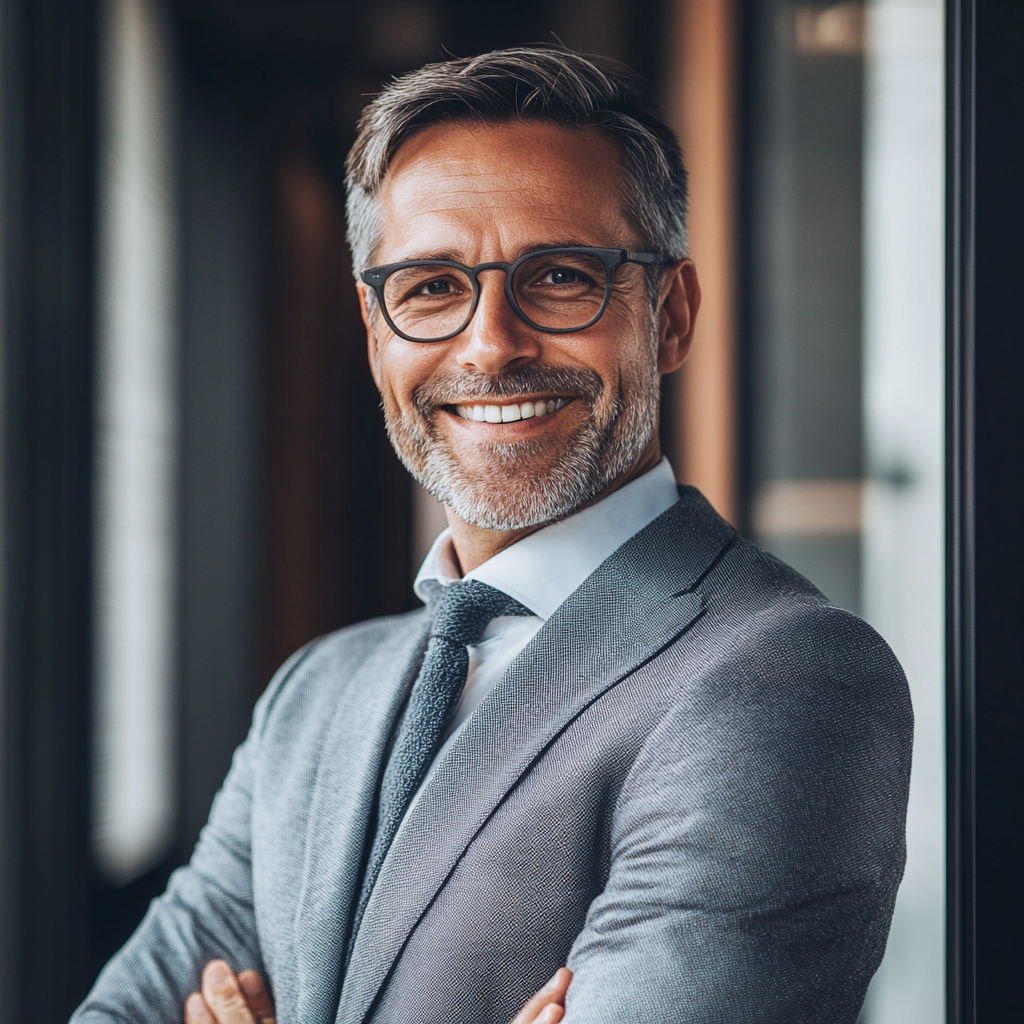 Un homme souriant en costume | Source : Midjourney