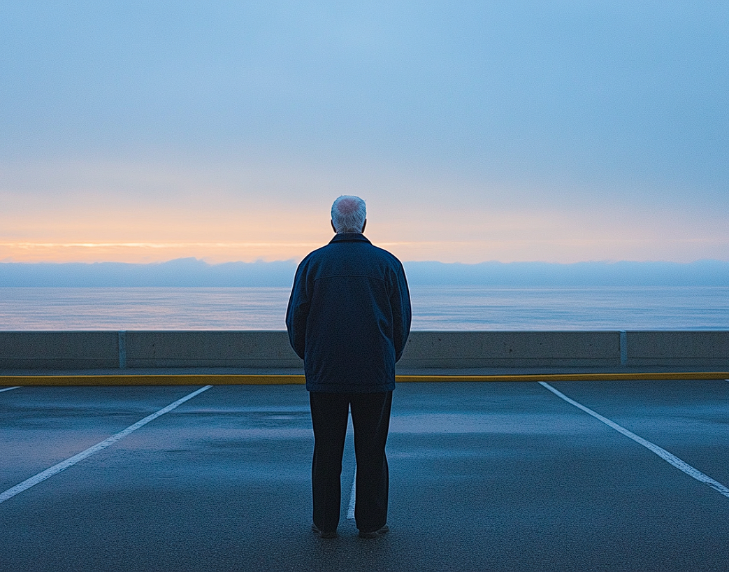 Un homme âgé debout sur un parking qui regarde l'océan | Source : Midjourney