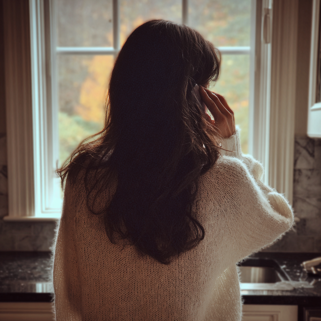 Une femme qui parle au téléphone et regarde par la fenêtre | Source : Midjourney