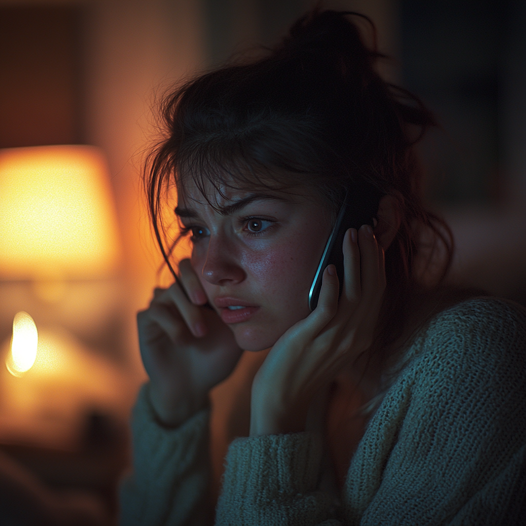 Une femme bouleversée qui parle au téléphone la nuit | Source : Midjourney