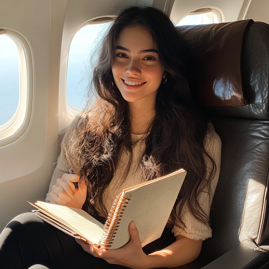 Une femme souriante assise dans un avion | Source : Midjourney