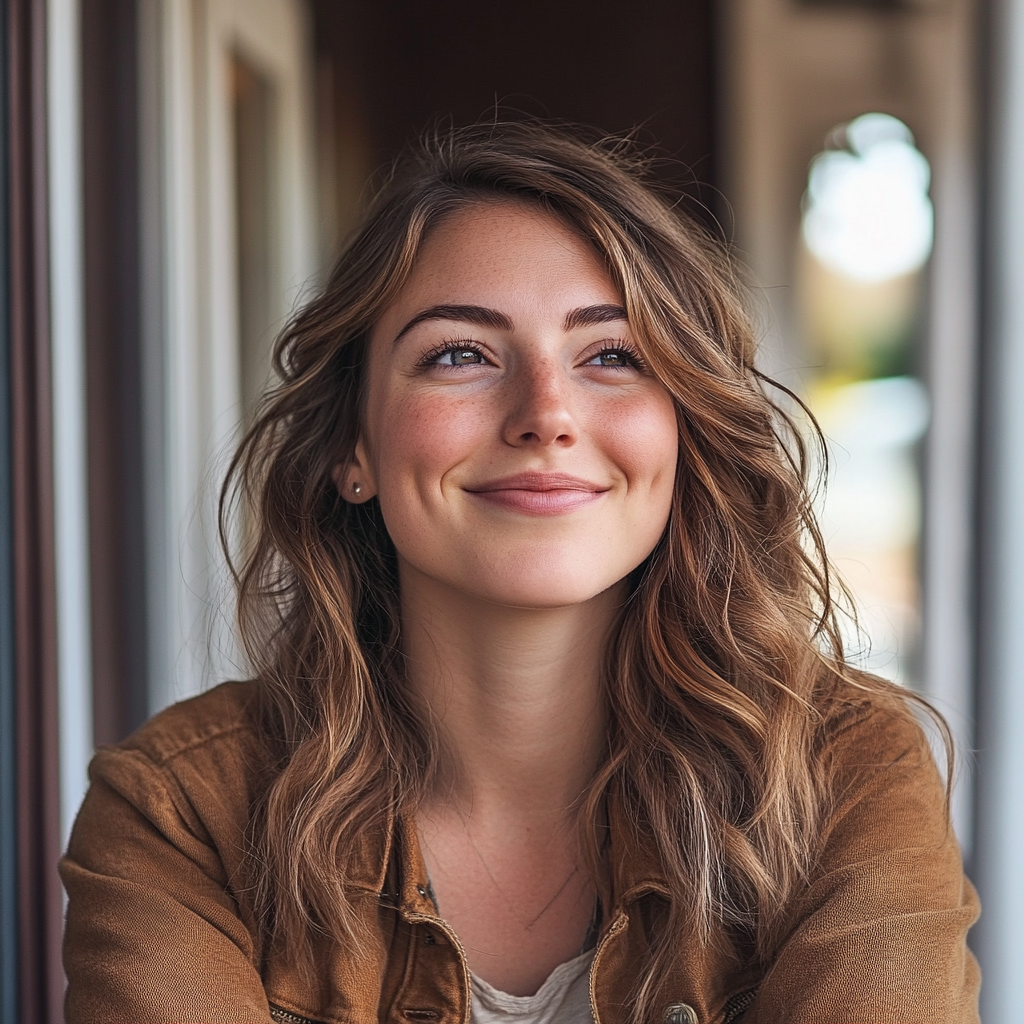 Une femme pensive et heureuse se tenant sur le porche d'entrée | Source : Midjourney