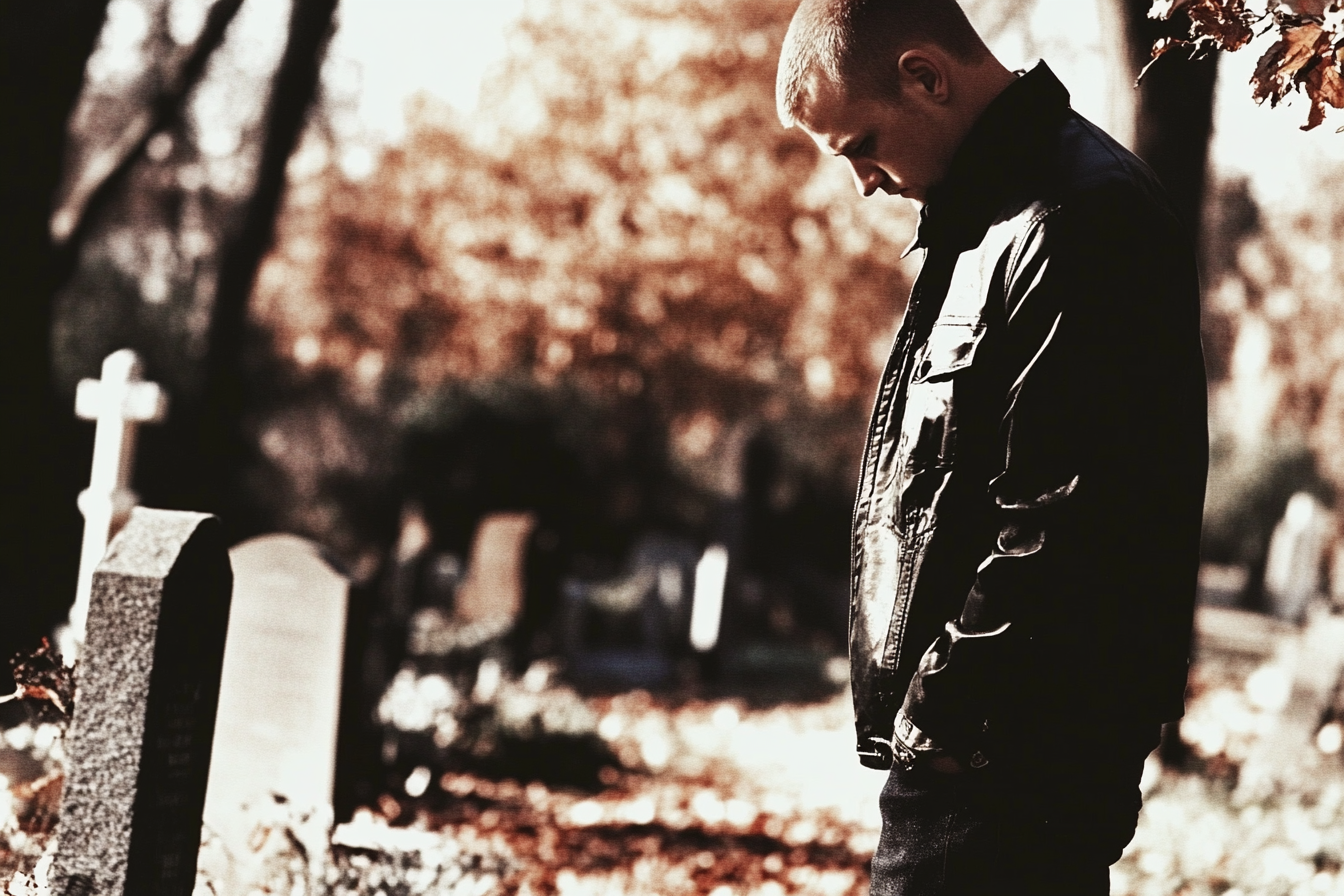 Un homme regarde fixement une pierre tombale dans un cimetière | Source : Midjourney