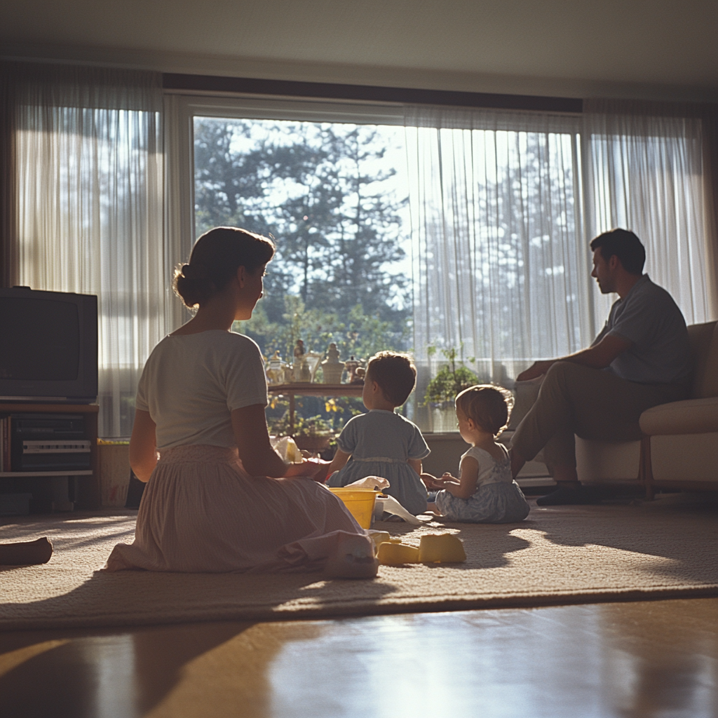 Une femme malheureuse qui nettoie sa maison pendant que ses enfants jouent et que son mari est assis sur le canapé | Source : Midjourney