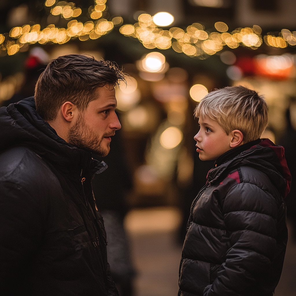 Un homme souriant parle à un jeune garçon | Source : Midjourney