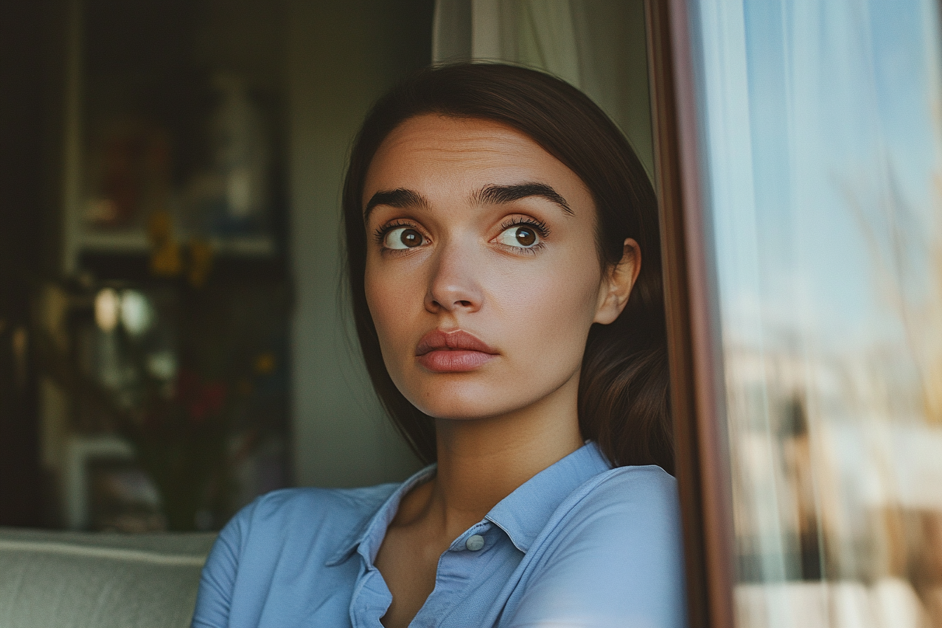 Une femme assise près de la fenêtre de son salon | Source : Midjourney