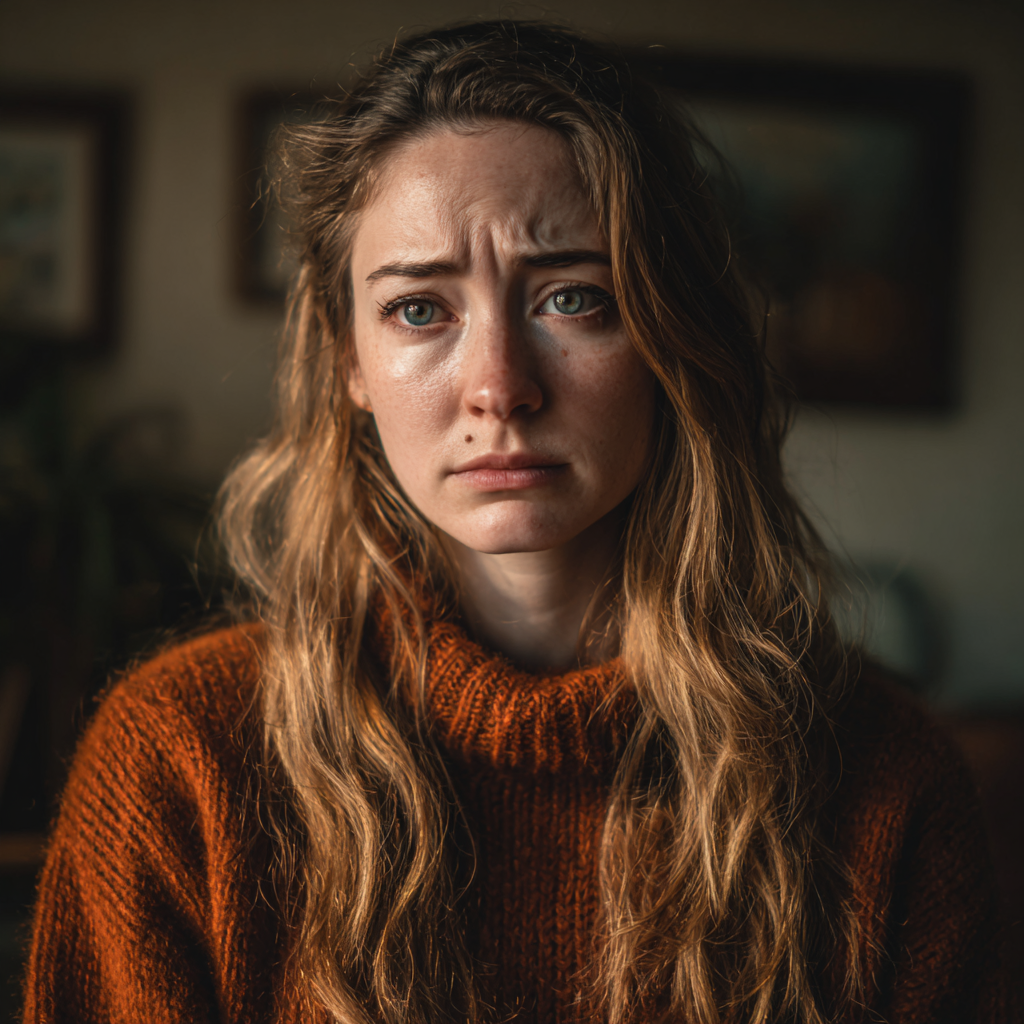 Une femme émotive debout dans un salon | Source : Midjourney