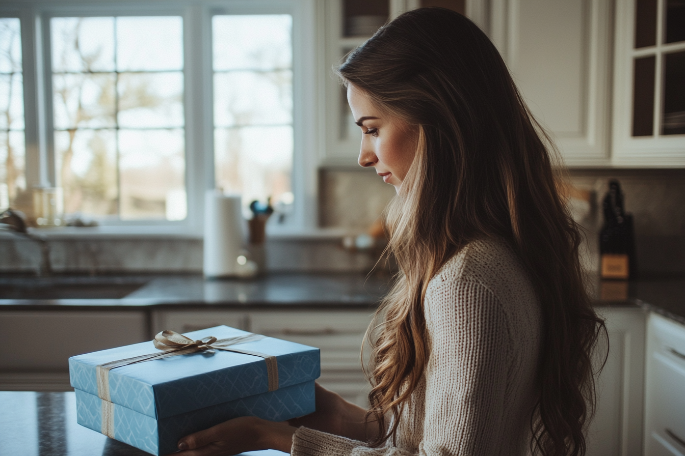 Une femme avec un paquet cadeau bleu | Source : Midjourney