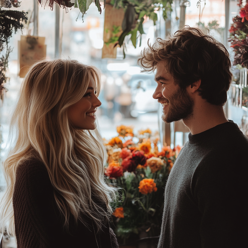 Un couple heureux dans un magasin de fleurs | Source : Midjourney