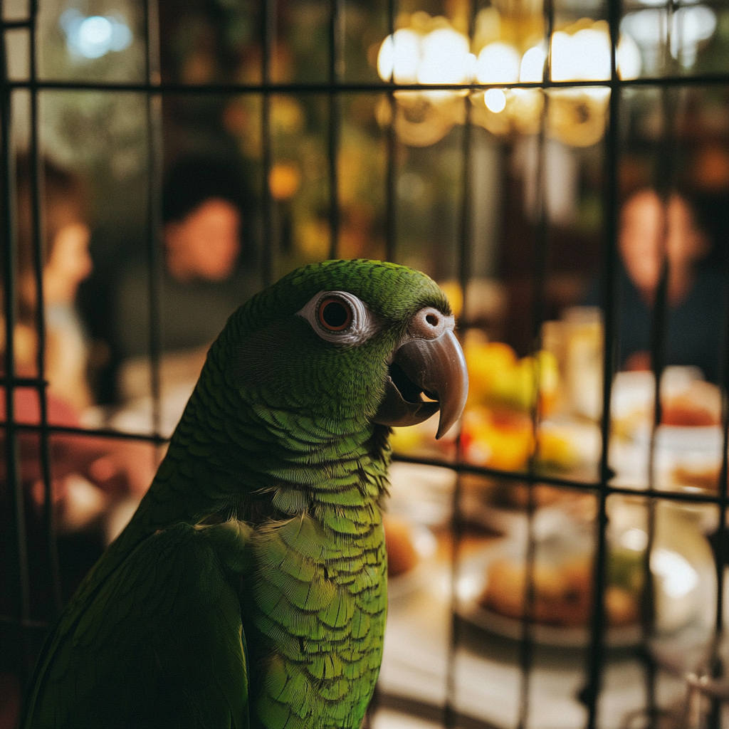 Un perroquet vert dans une cage | Source : Midjourney