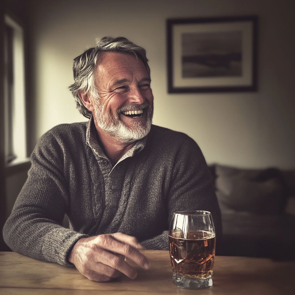 Un homme assis à une table et qui rit | Source : Midjourney