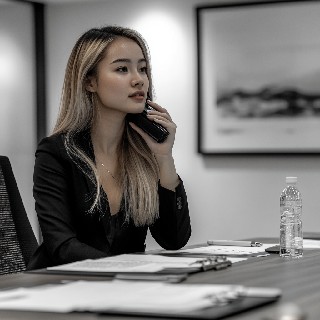 Une jeune femme au téléphone pendant une réunion | Source : Midjourney