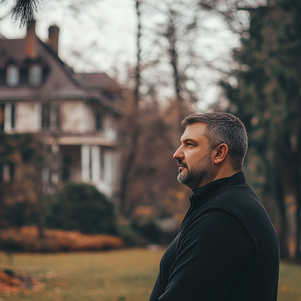 Un homme sérieux dans son jardin | Source : Midjourney