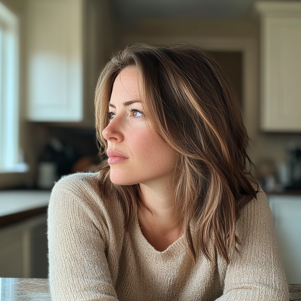 Une femme assise à un comptoir de cuisine | Source : Midjourney