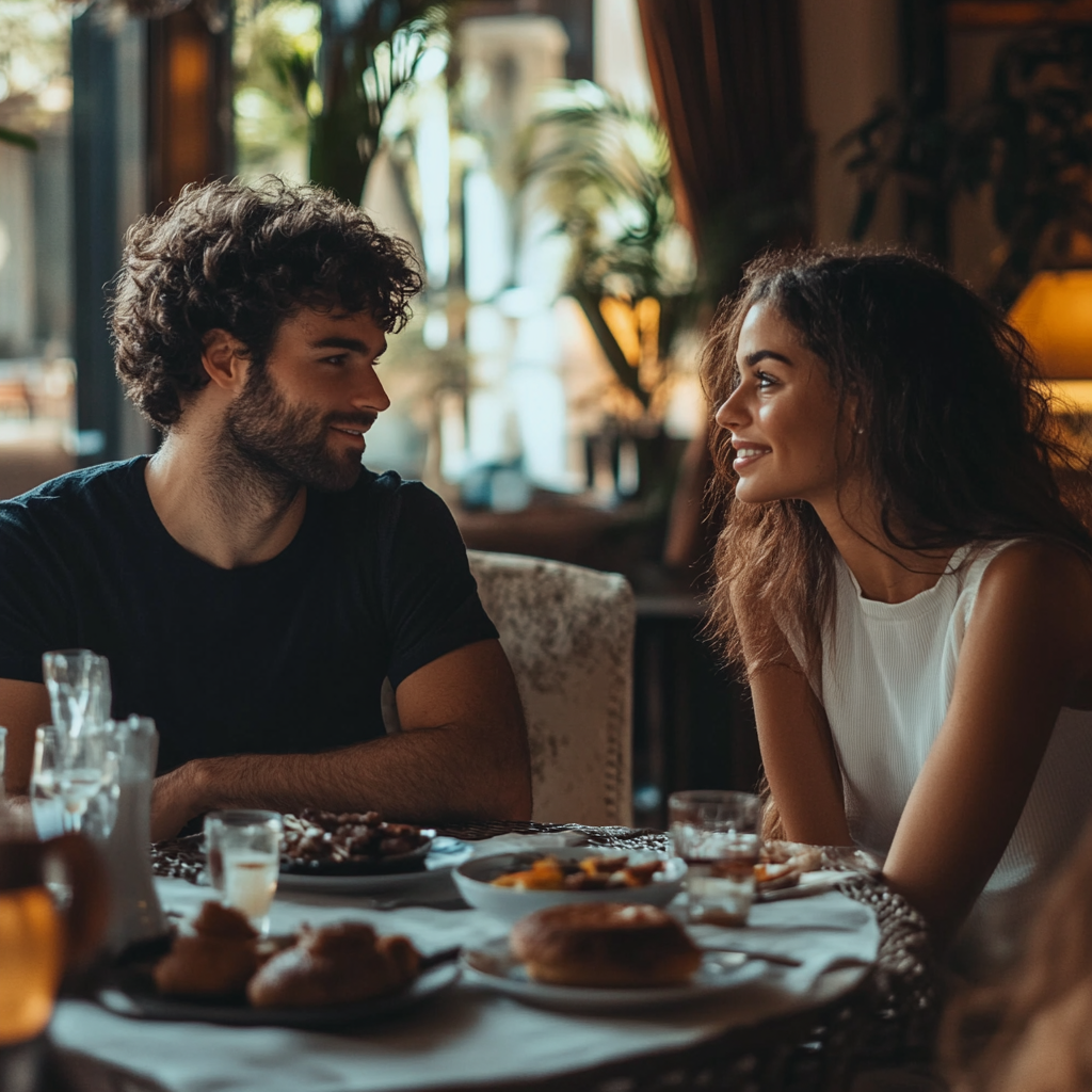 Couple heureux prenant le petit déjeuner dans leur maison | Source : Midjourney