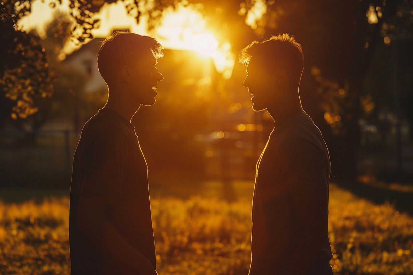 Silhouette de deux hommes en plein air se faisant face | Source : Midjourney