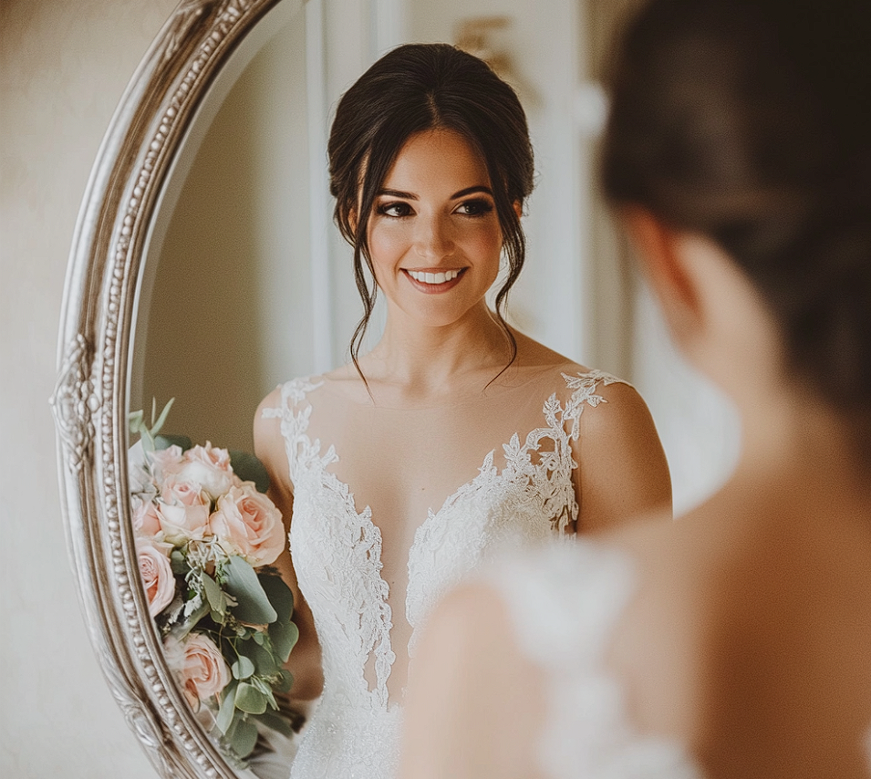 Une mariée qui regarde son reflet | Source : Midjourney